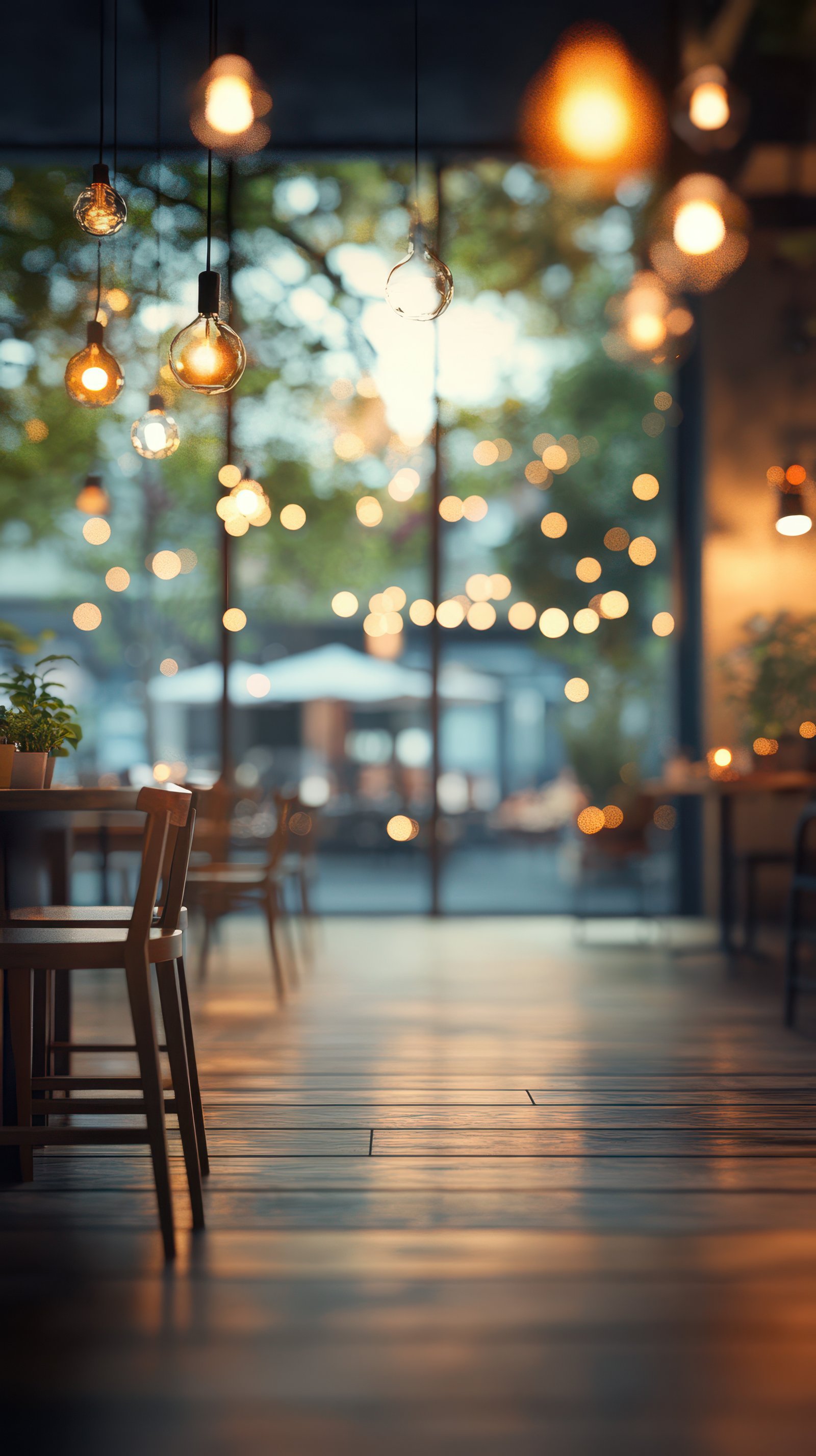 Cozy cafe interior with warm lighting and inviting atmosphere in the early evening